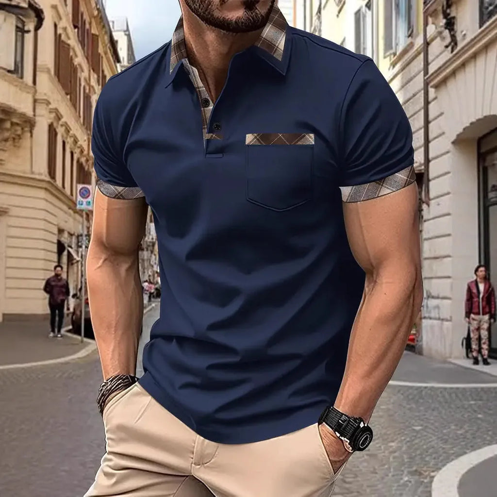 Men's loose fit short sleeve T-shirt with plaid colourblock pattern and zipper detail in multiple colour options