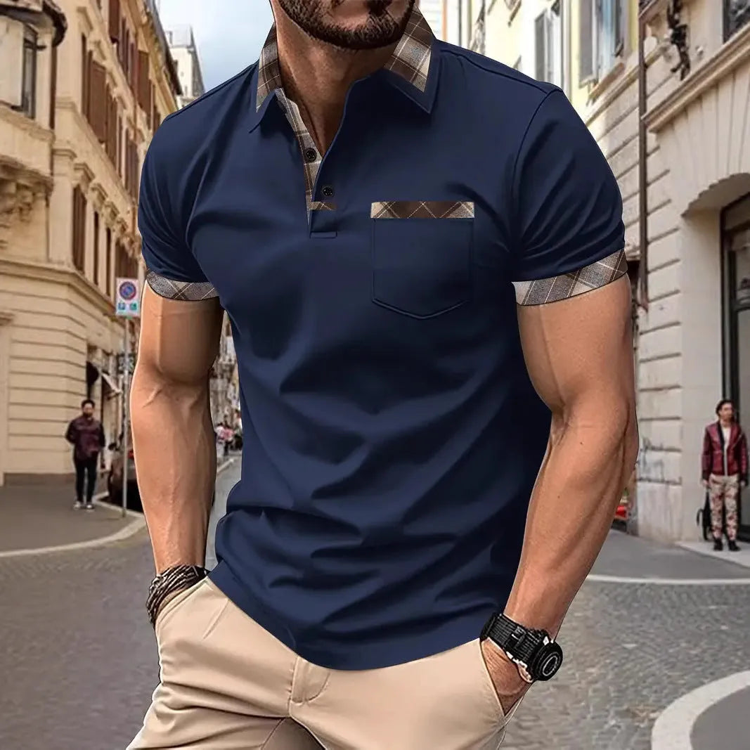 Men's loose fit short sleeve T-shirt with plaid colourblock pattern and zipper detail in multiple colour options