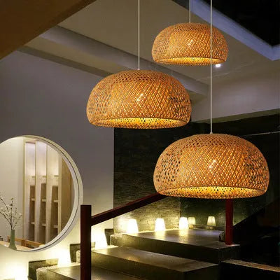 Brown bamboo woven chandelier pendant light 180x300mm for restaurant or tea room