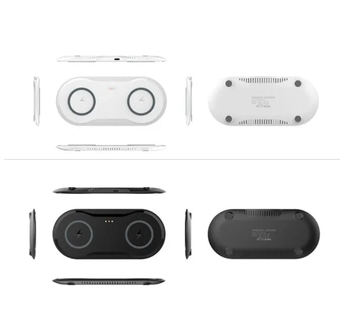 Black and white dual wireless charger charging two smartphones simultaneously on anti-slip silicone base