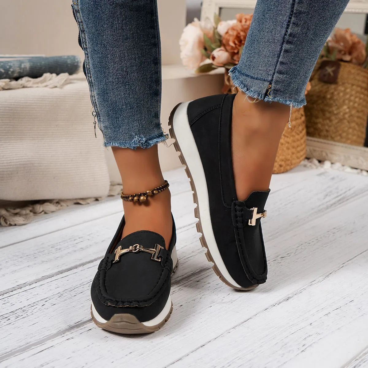 Women's non-slip soft bottom loafers in black or beige, PU upper, round toe, sizes 36-41