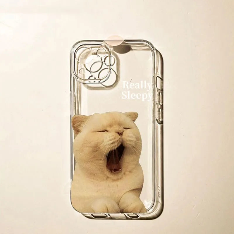 Simple Sleepy Yawn Cat phone case in black colour for iPhone with sprayed graphic on TPE material.
