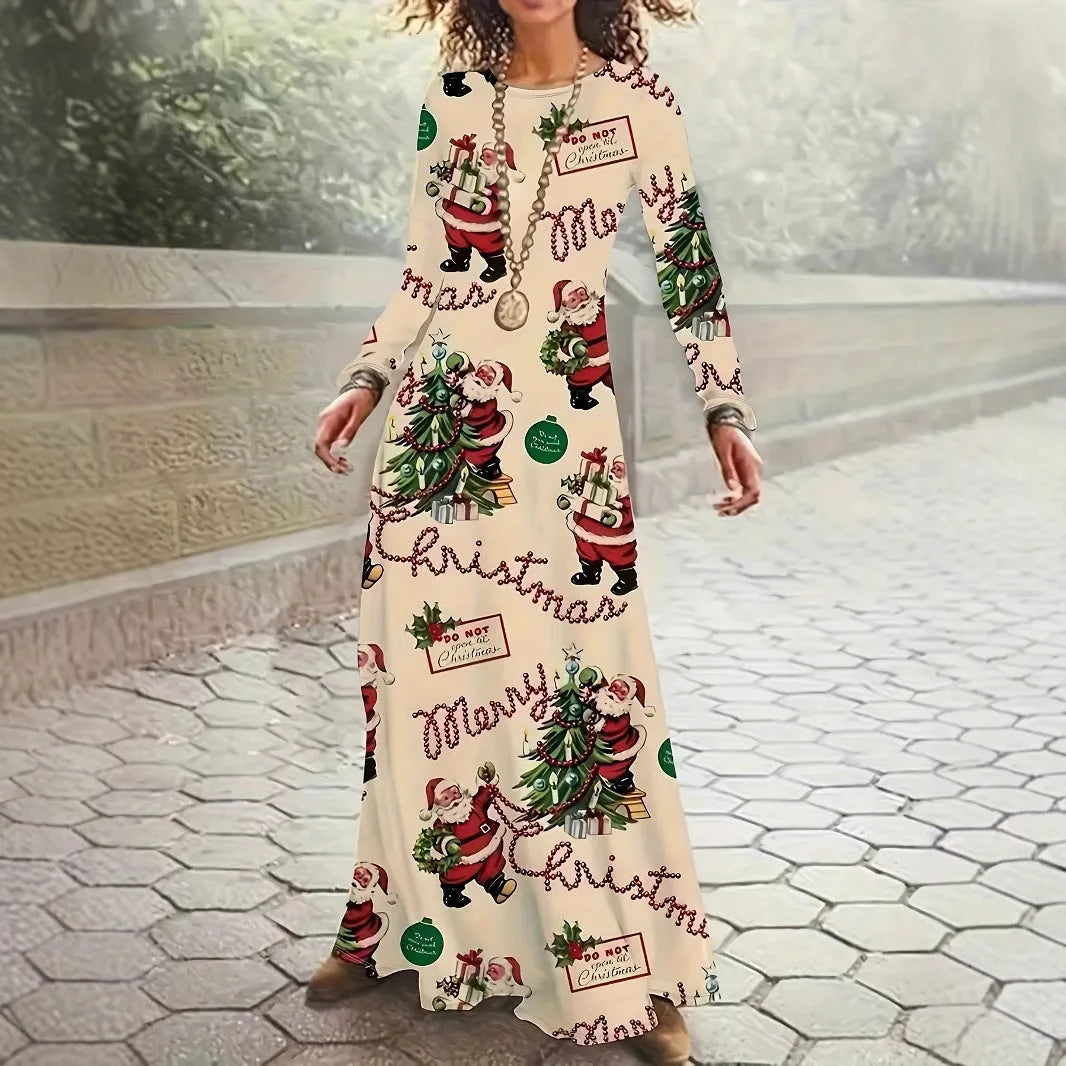 Santa Claus printed round neck long sleeve polyester dress in beige with mid waist and long skirt