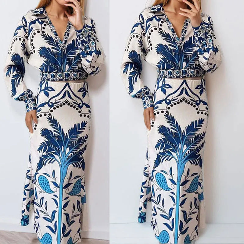 Women's long sleeve polyester top and long skirt co-ord set in picture colour.