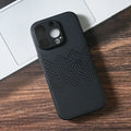 Black creative anti-fall imitation leather phone case for iPhone with wave pattern, shockproof and fingerprint-proof design.