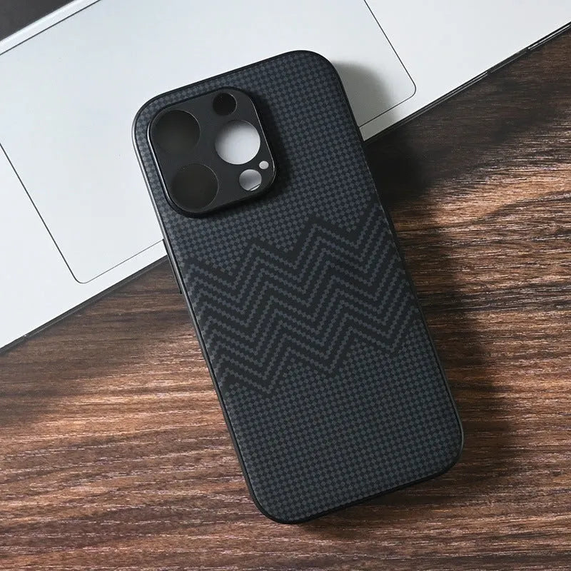 Black creative anti-fall imitation leather phone case for iPhone with wave pattern, shockproof and fingerprint-proof design.