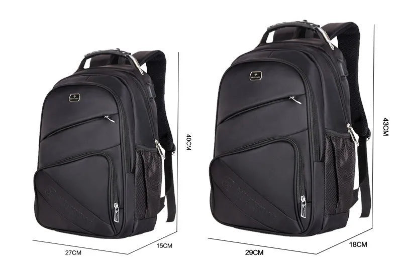 Men's large nylon travel backpack with USB port in black, shown from front