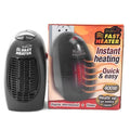 Black portable mini ceramic electric heater with digital display and a rotating plug on a white background.