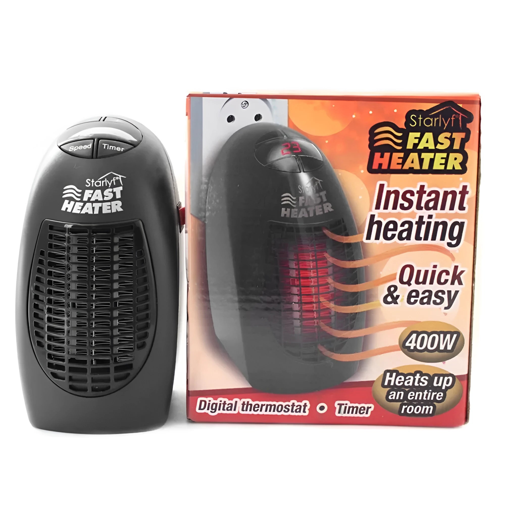 Black portable mini ceramic electric heater with digital display and a rotating plug on a white background.