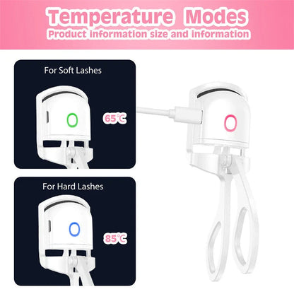 Premium rechargeable heated eyelash curler with dual temperature settings for creating long-lasting, natural-looking curled lashes