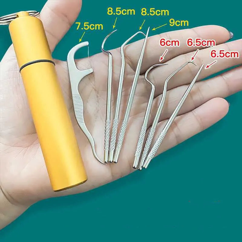 304 stainless steel toothpick set 7 pieces short and long teeth cleaning tool with dental floss stick in white cylinder
