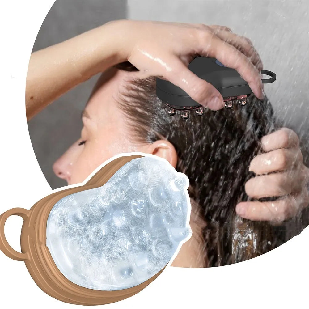 Silicone shampoo brush massage comb in pink, with silicone bristles and plastic handle, includes 125ml chamber for ice compress therapy