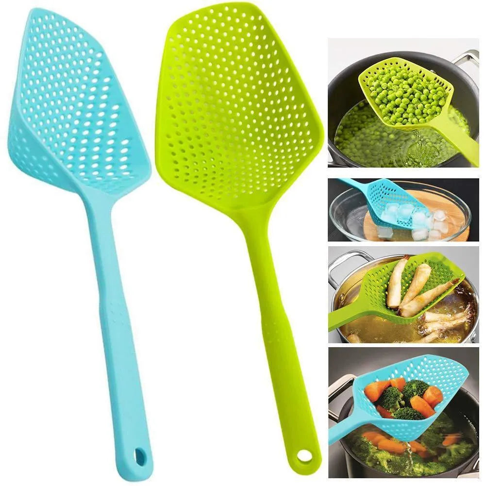 Nylon kitchen scoop colander strainer in assorted colours for draining fried food or soup