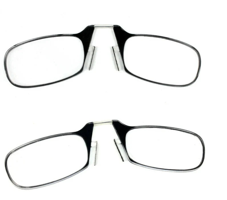 Compact magnetic reading glasses with rimless frames and adjustable nose clip