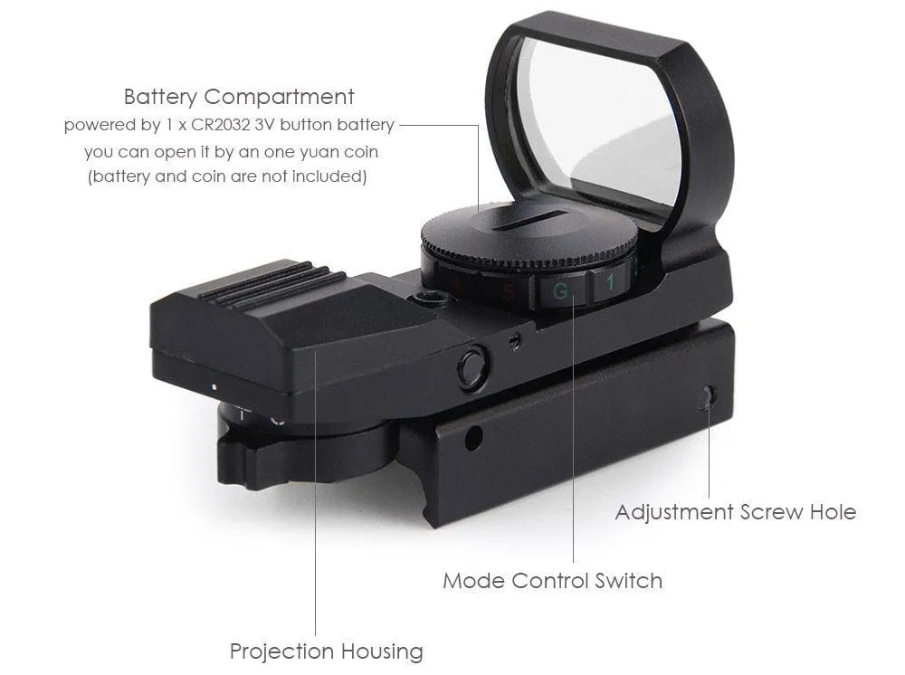 Red dot holographic sight in matte black with 4 reticles and 22x33mm lens opening for 11/20mm rail