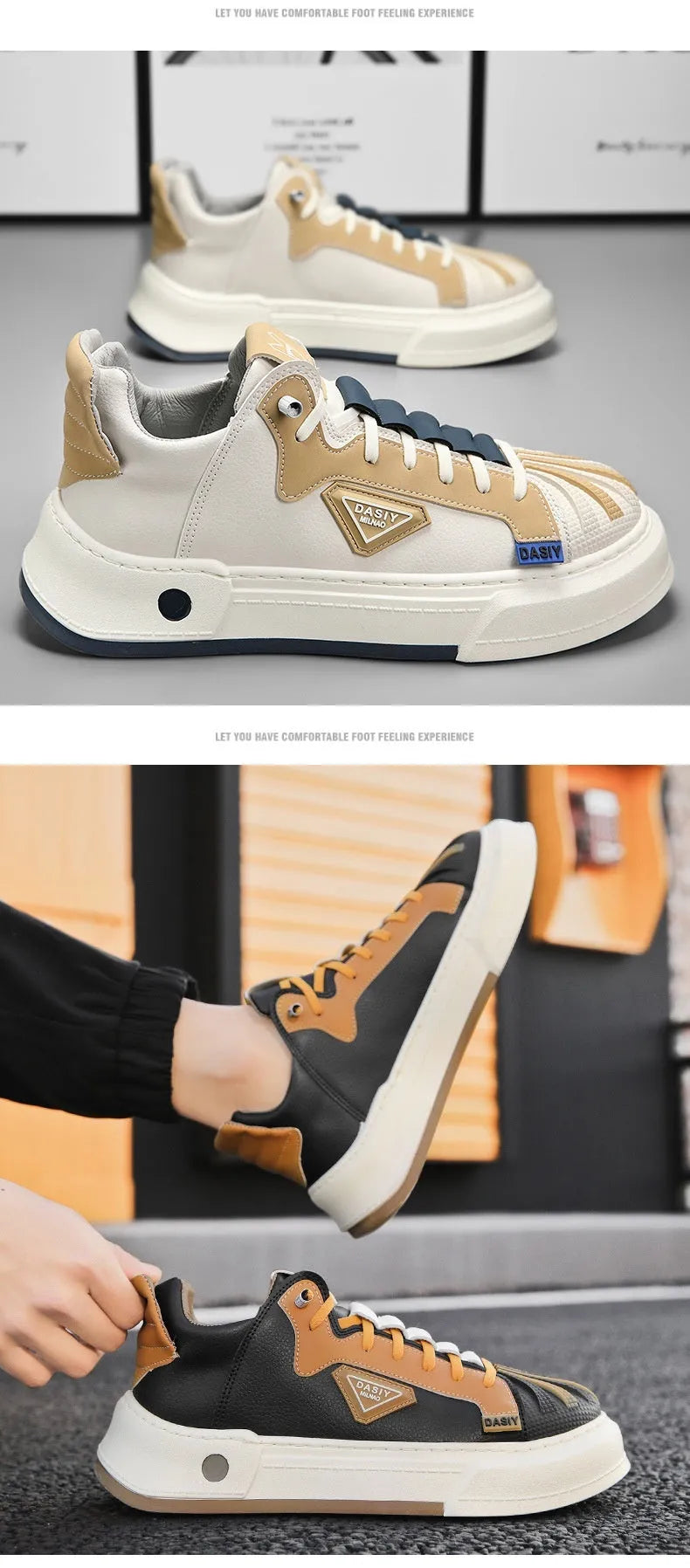 Men's beige low-top sneakers with elastic band closure and leather stitching detail on microfiber upper