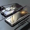 Magnetic metal phone case for Huawei smartphones with tempered glass back in black, blue, red or white