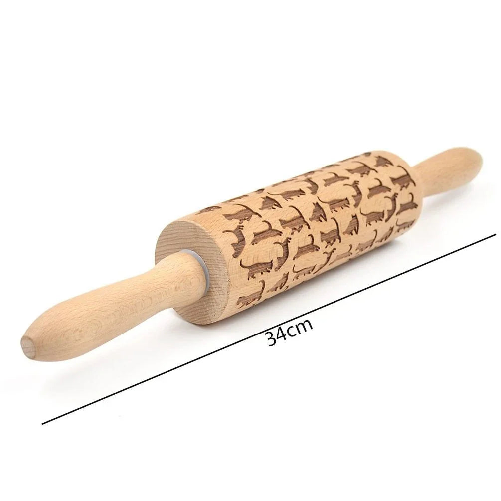 Personalized Christmas rolling pin with a variety of embossed holiday designs, including snowflakes, reindeer, and Merry Christmas patterns