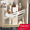 Gun grey wall-mounted corner bathroom storage rack with a single shelf, shown in a shower.