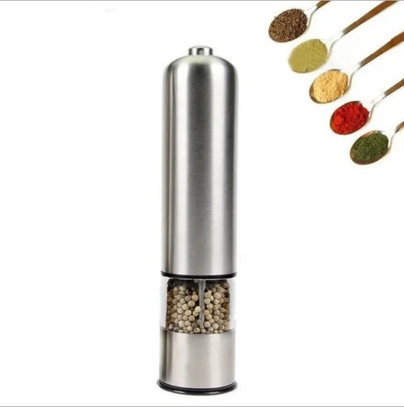 Stainless steel electric pepper grinder mill in natural colour, shown upright.