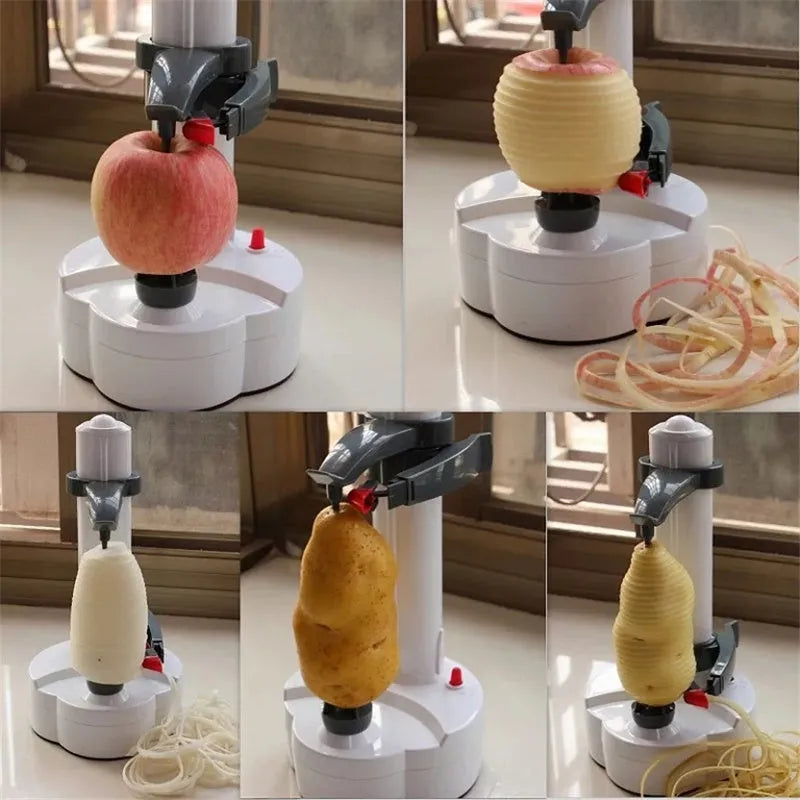 White electric kitchen peeler with stainless steel blades on countertop peeling an apple