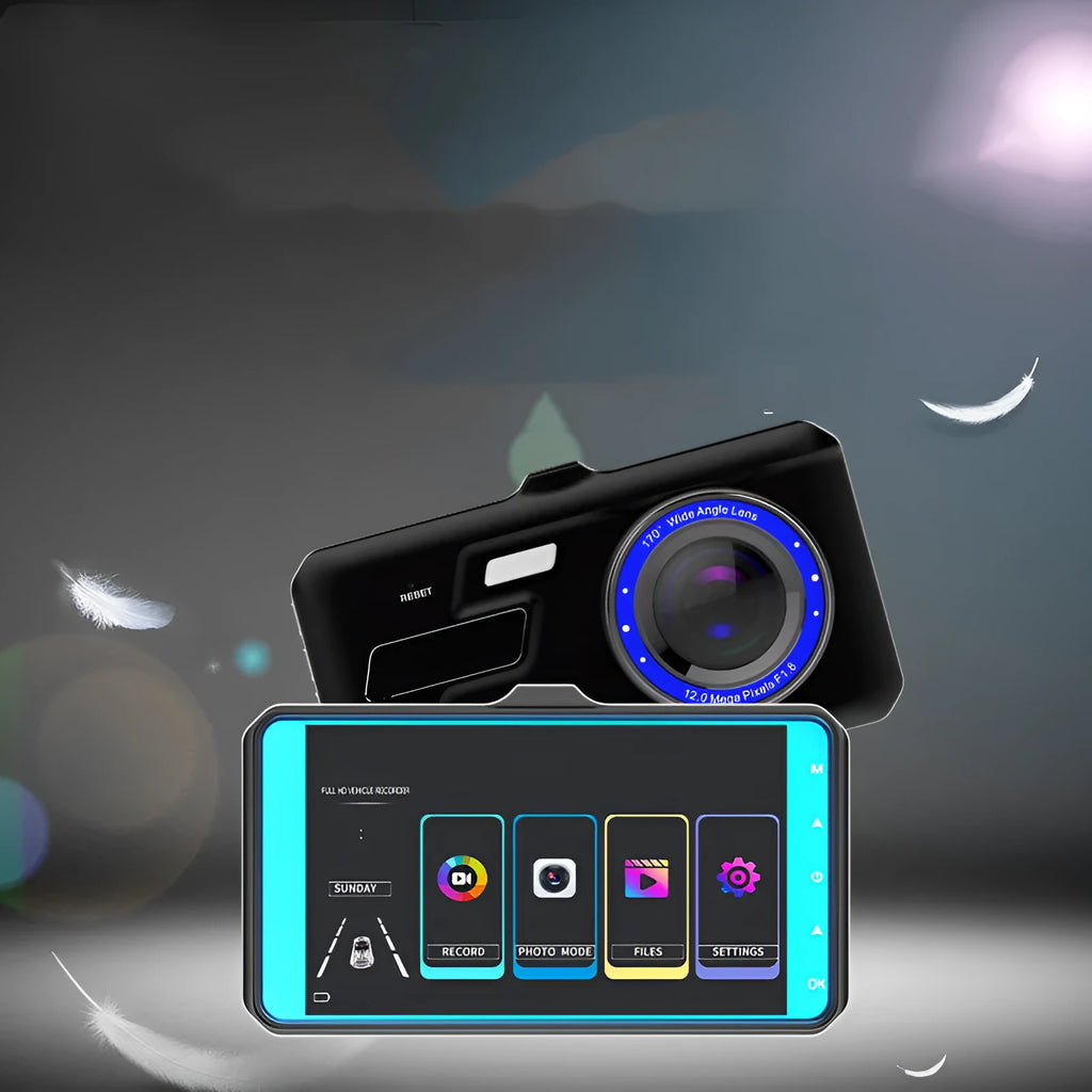 Black car driving recorder with 4 inch touch screen and dual lenses for front and rear recording