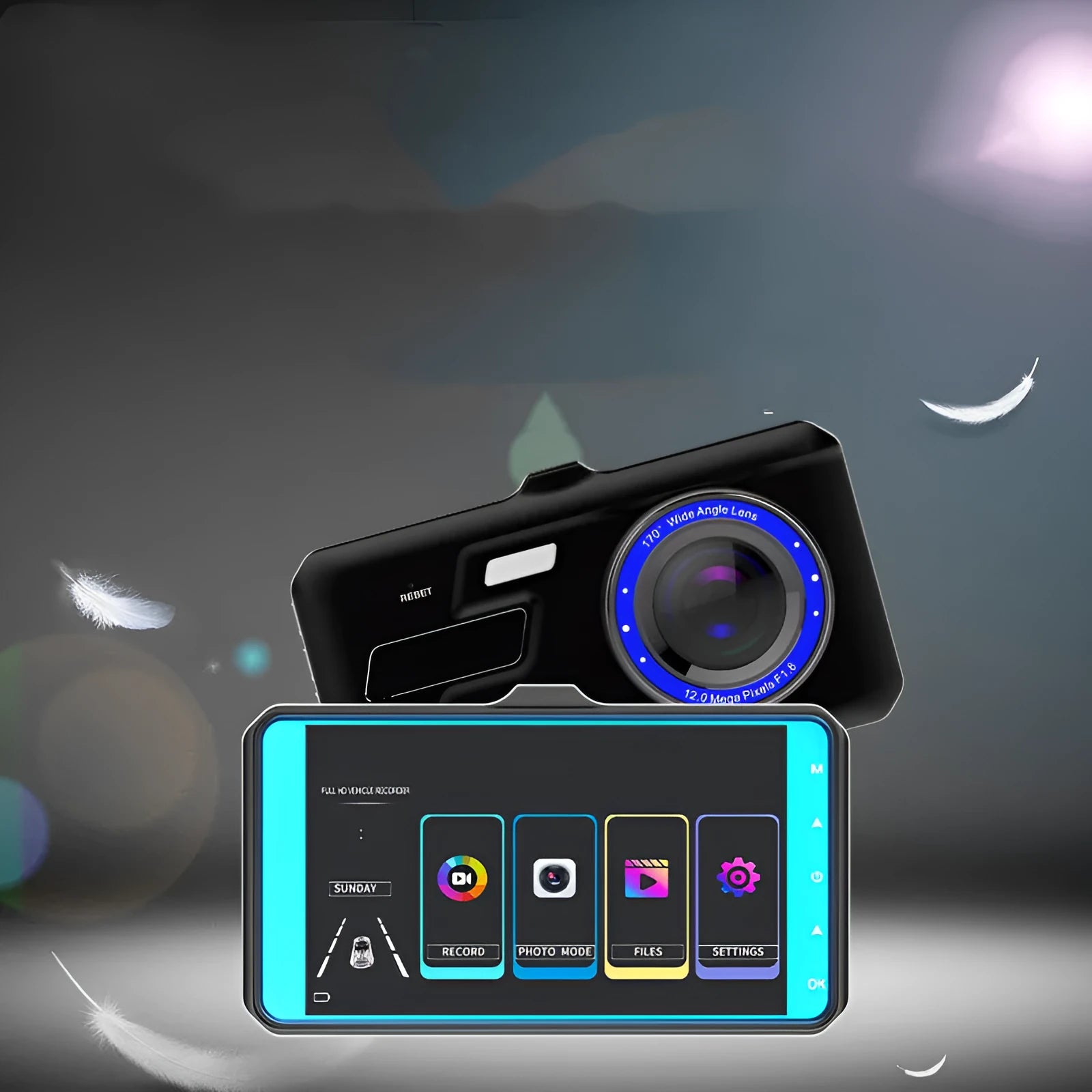 Black car driving recorder with 4 inch touch screen and dual lenses for front and rear recording