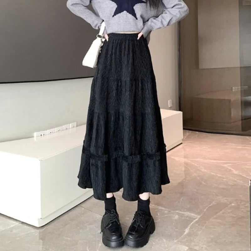 Korean style corduroy A-line midi skirt with elastic waistband in solid colour options