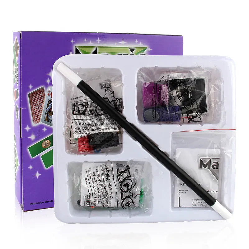 Children's magic toy set with plastic props in carton packaging for ages 3-7 years