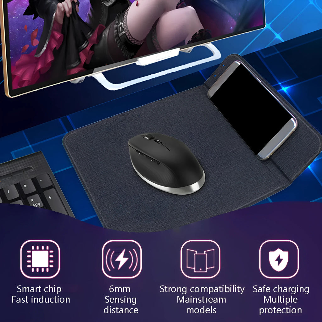 Black 2-in-1 wireless charging mouse pad on a desk with a phone resting on the built-in bracket