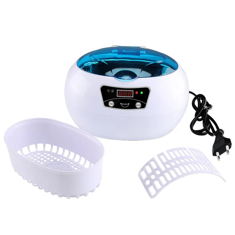 White blue ultrasonic cleaning machine with digital control panel on a countertop, 40KHz household appliance