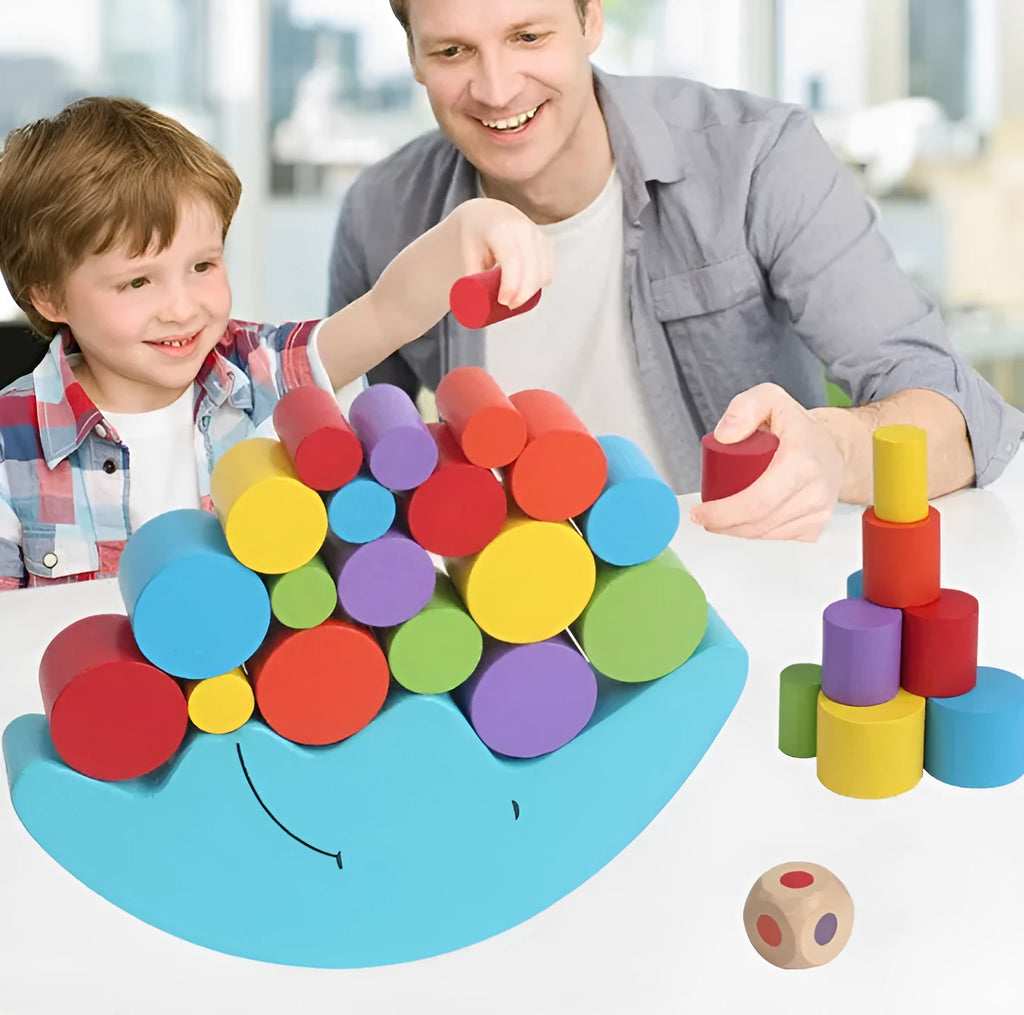 Yellow and blue Moon themed wooden balance stacking game toy for toddlers aged 2-4 years.