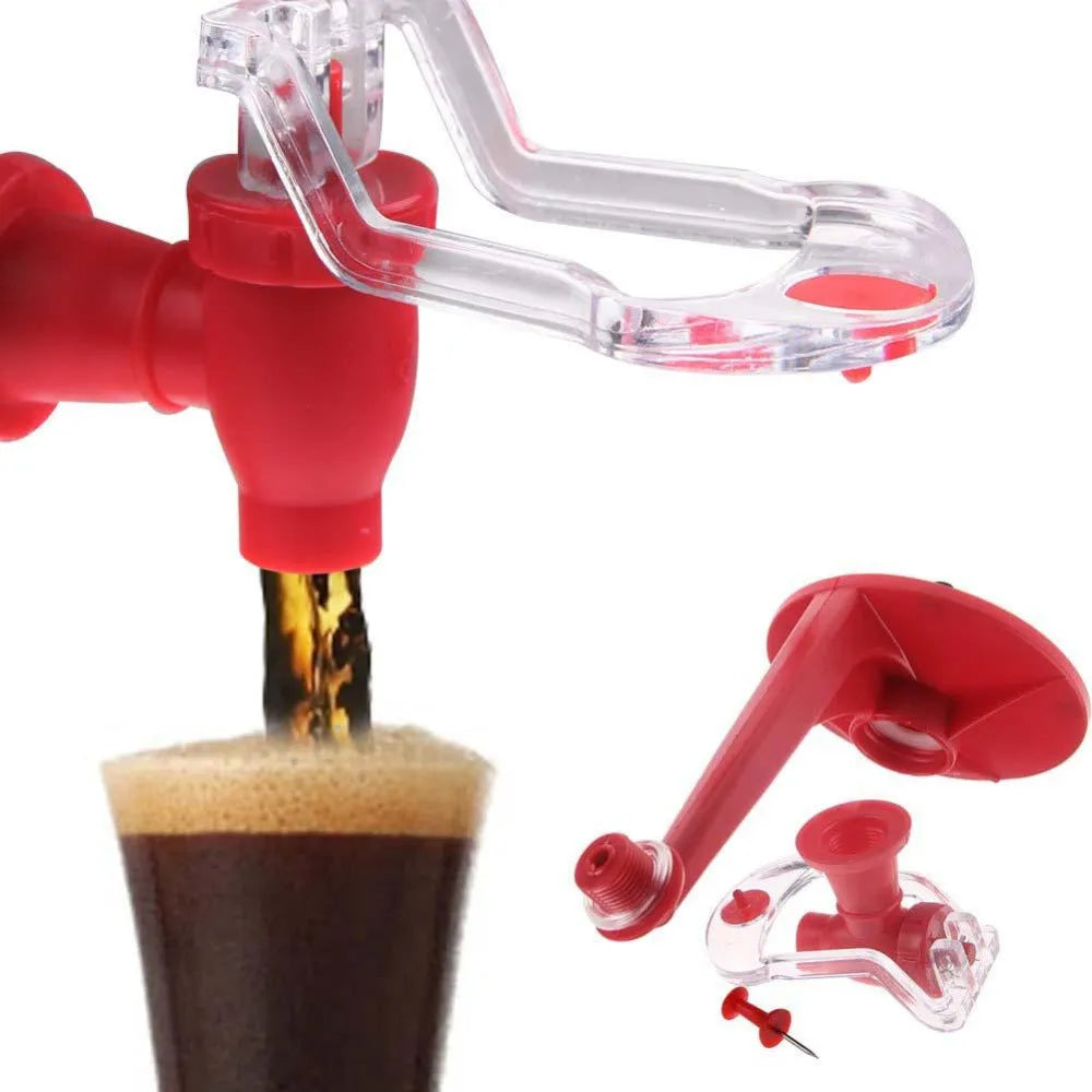 Red plastic Magic Tap soda dispenser attached to inverted 2-litre bottle for push-button drink serving
