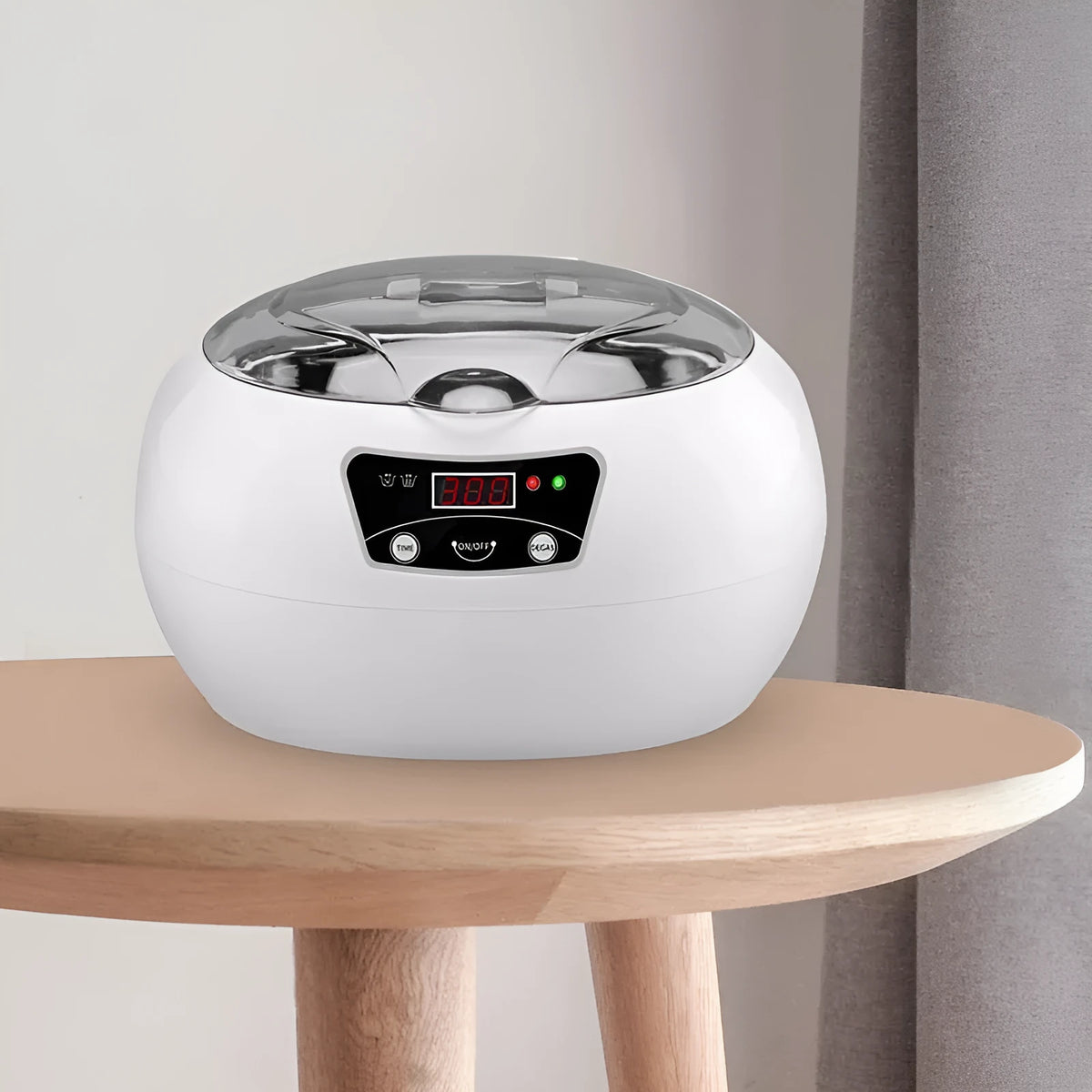 White blue ultrasonic cleaning machine with digital control panel on a countertop, 40KHz household appliance