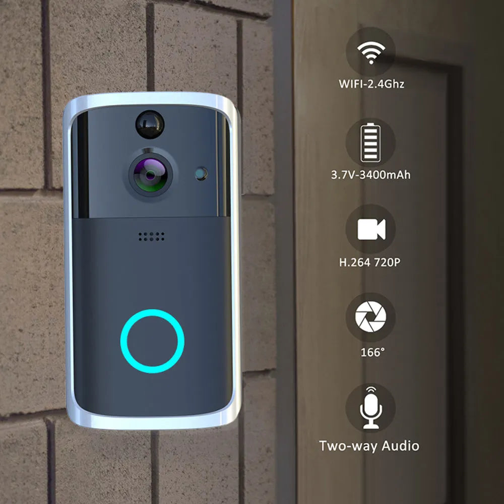 WiFi video doorbell camera in black with two-way intercom and night vision, compact PCB body 7.5x3.3x14.4cm
