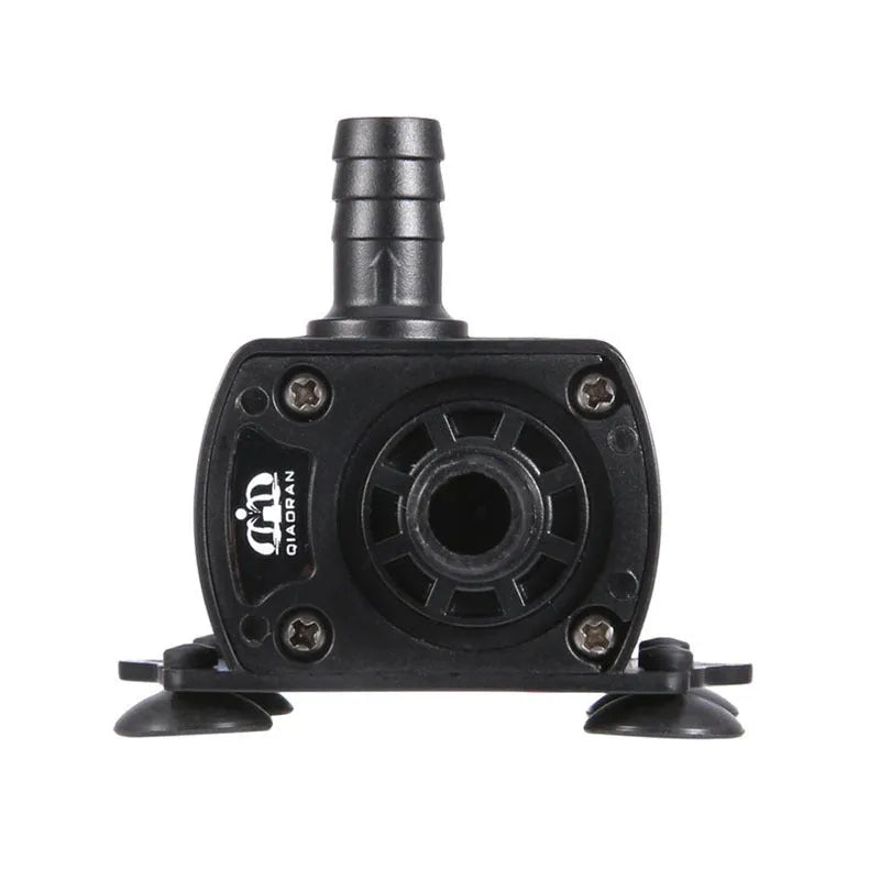 Micro brushless DC submersible pump with black PC+ABS body, 8mm inlet and outlet, and filter