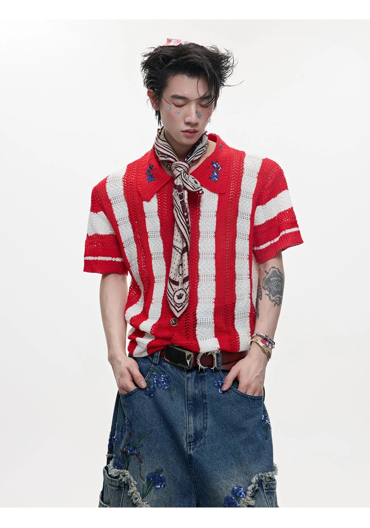Men's patchwork striped retro knitted short sleeved shirt in loose fit design