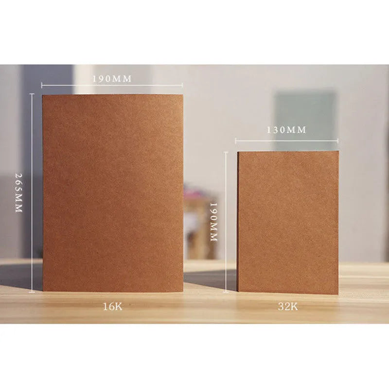 Brown kraft paper sketchbook open to show lay-flat wireless binding and drawing on inner pages.