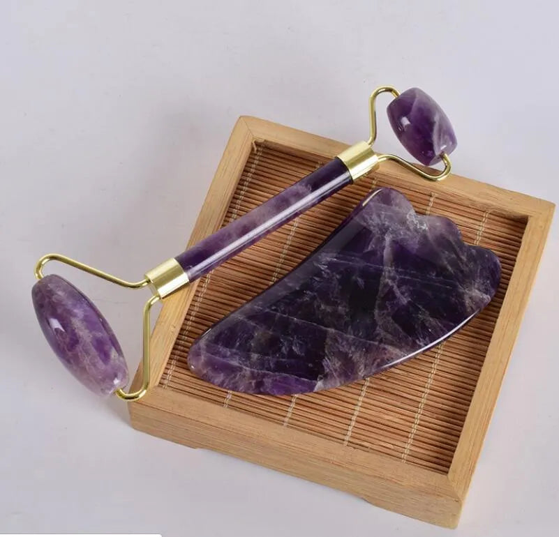 Jade roller massager with rose quartz gua sha stone, dual-sided natural jade facial tool for tension relief and skincare absorption.