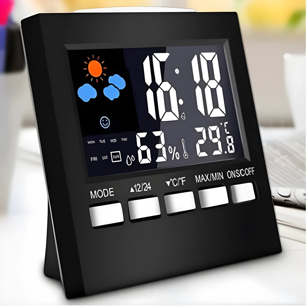 Black ABS multifunctional alarm clock with thermometer, humidity monitor, colour weather forecast, blue backlight