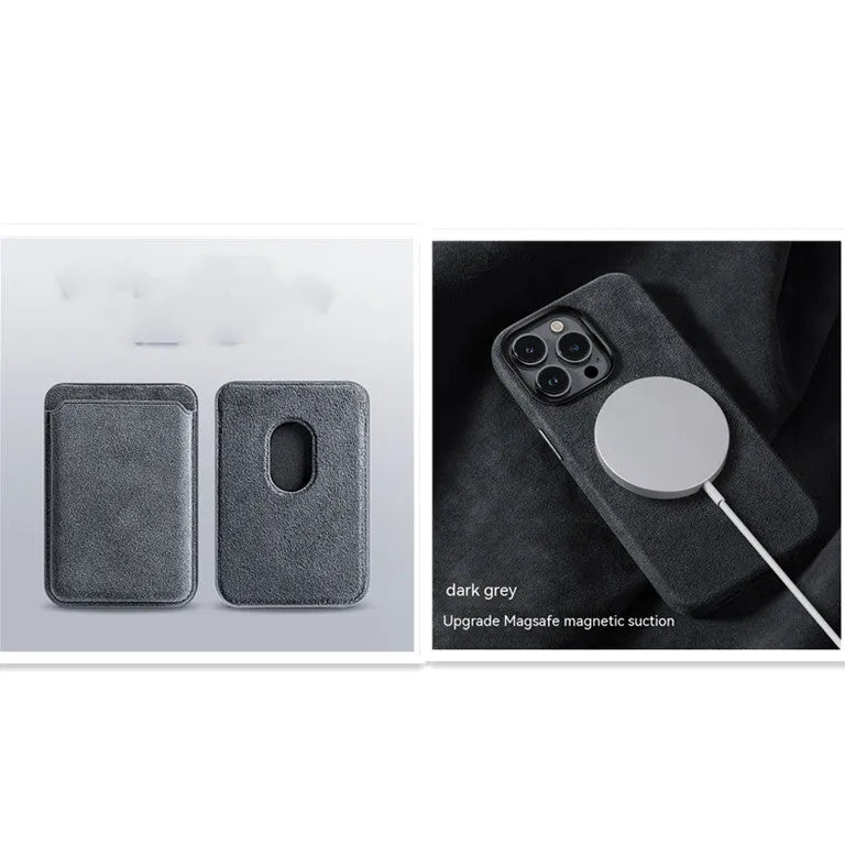 Suede magnetic wireless charging phone case in dark green, sea blue, dark purple, and black gray for iPhone models