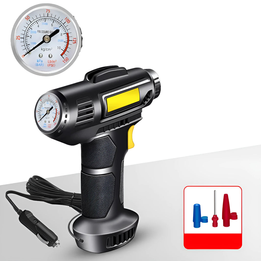Wireless digital display car and bicycle tyre inflator with charging cable