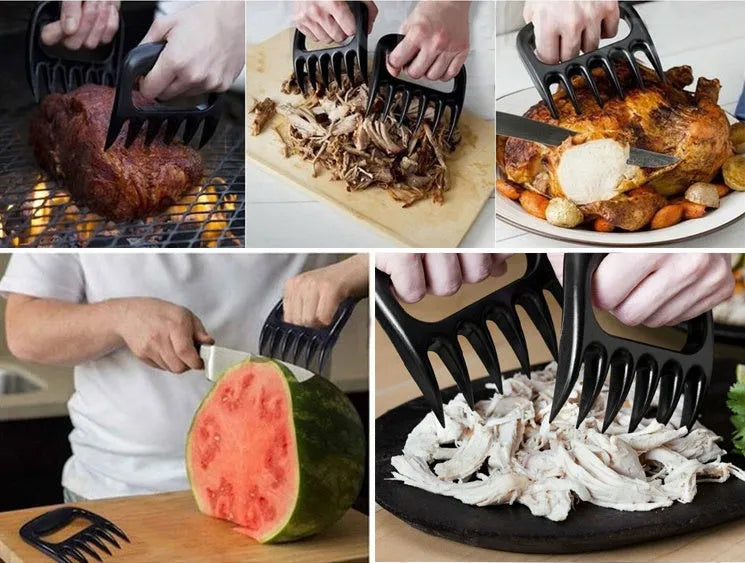 Two black bear claw meat shredder forks with patterned handles for barbecue use.