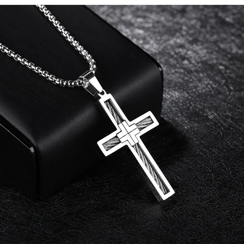 Titanium steel cross pendant necklace with geometric design, 550mm chain, gold finish option