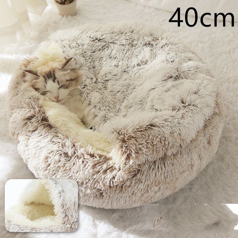 A soft, plush pet bed in various colors, including olive green, brown, pink, and grey, designed for the comfort and relaxation of cats and dogs.