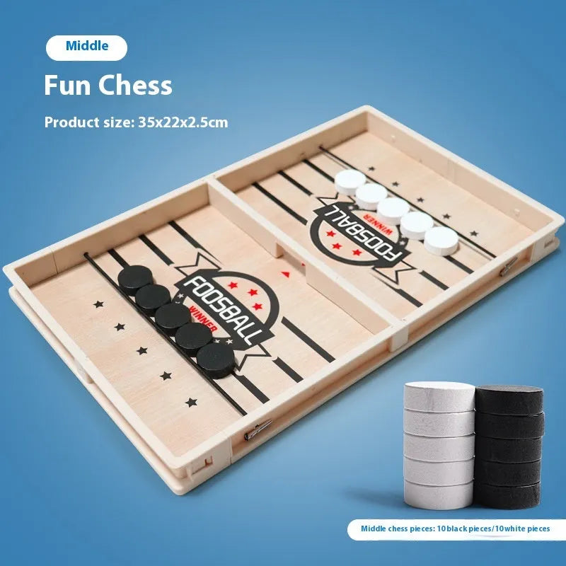 Wooden double battle catapult desktop board game with two-player pieces, shown as a tabletop parent-child puzzle toy.