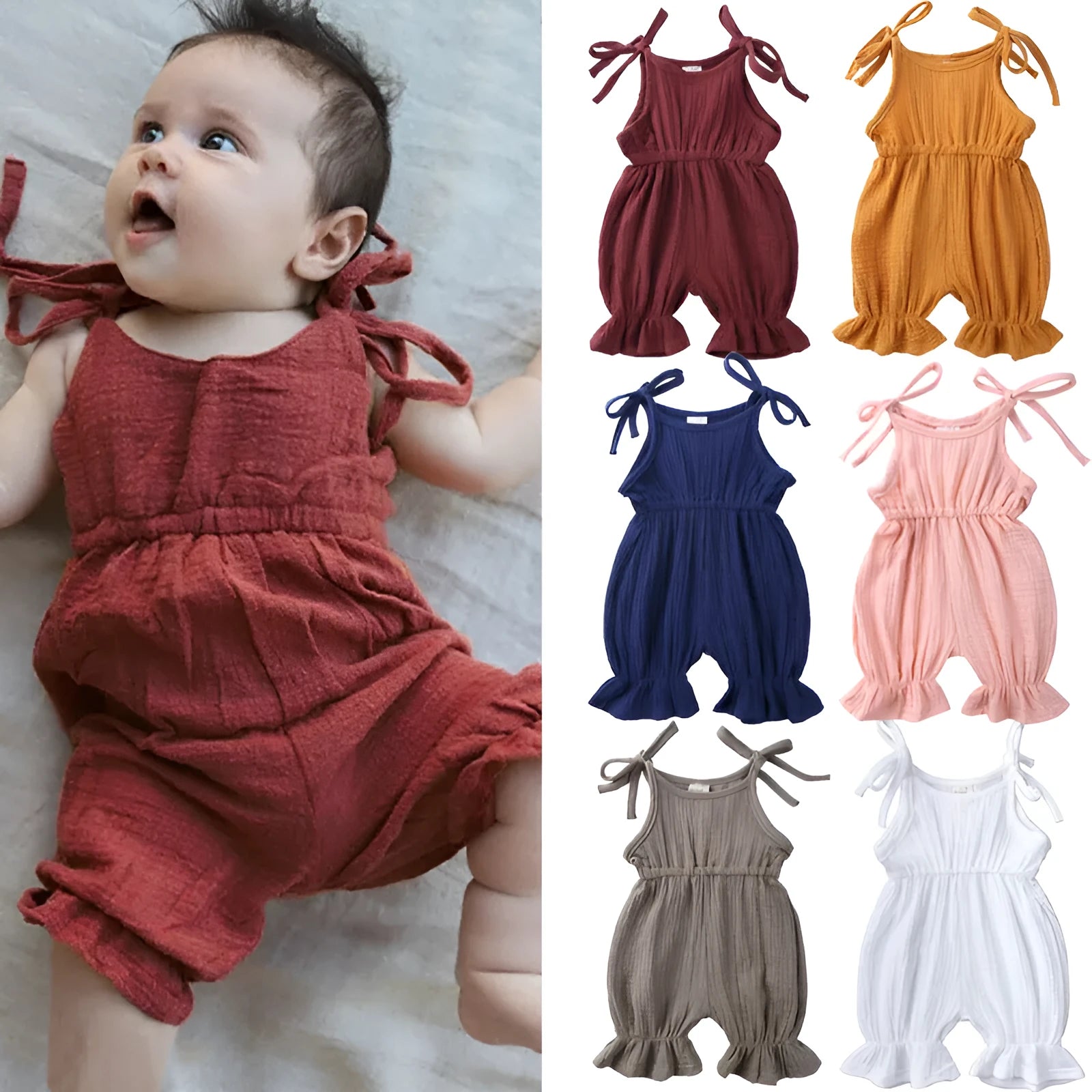 Sleeveless solid cotton romper jumpsuit for baby girls, available in multiple colours and sizes 70 to 110
