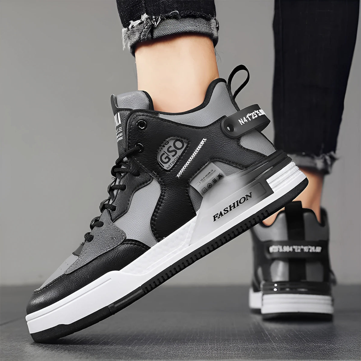 Men's high-top sports casual shoes with PU upper, mesh lining, and rubber sole in khaki, white, or black and gray