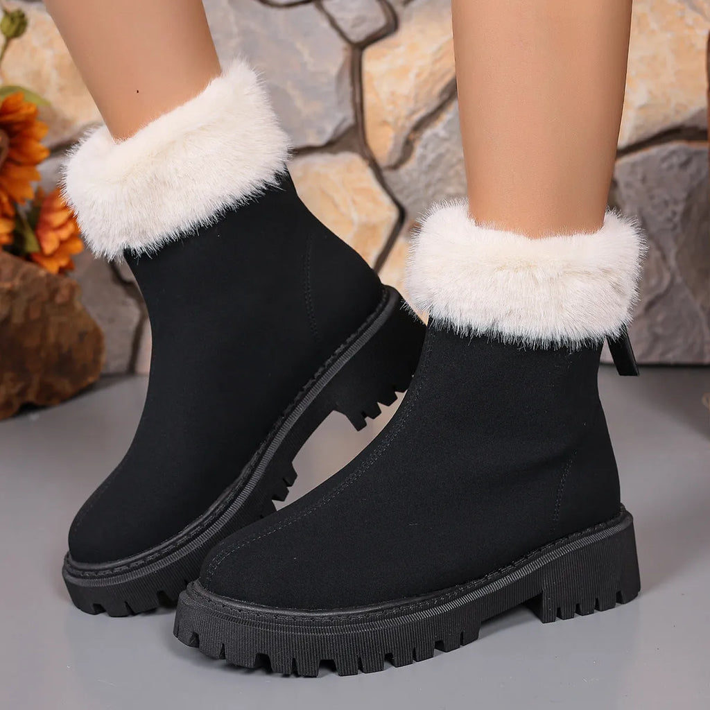 Women's square heel winter snow boots with cotton lining in black and khaki, non-slip sole, sizes 35 to 43