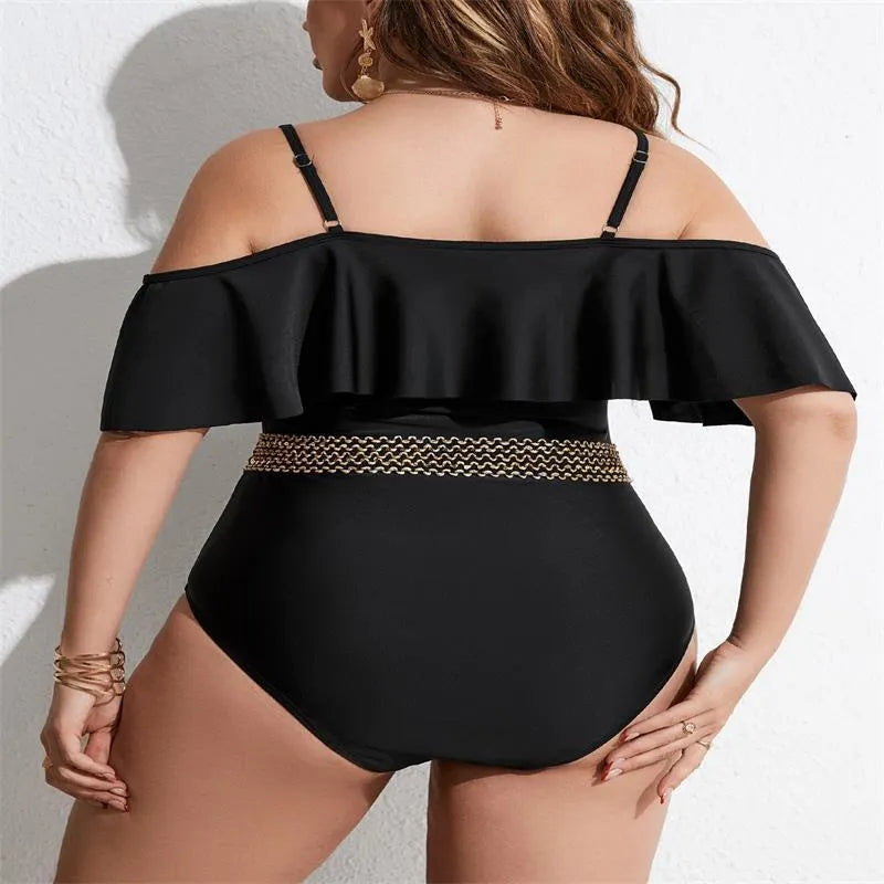 Black women's one-piece swimsuit on hanger showing front and back views